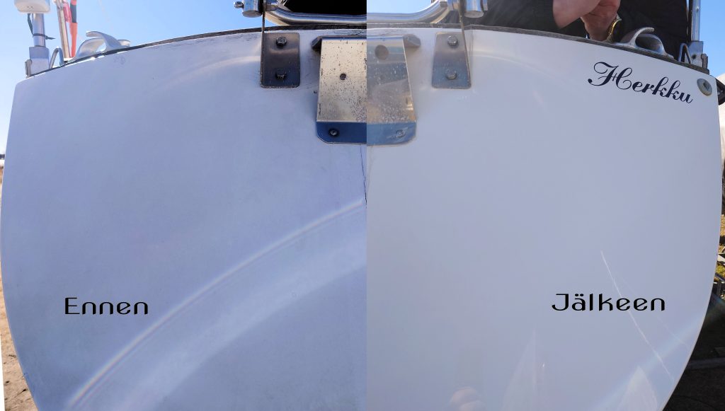 Ennen / jälkeen kuva projektista: Veneen kylkien kiillotus